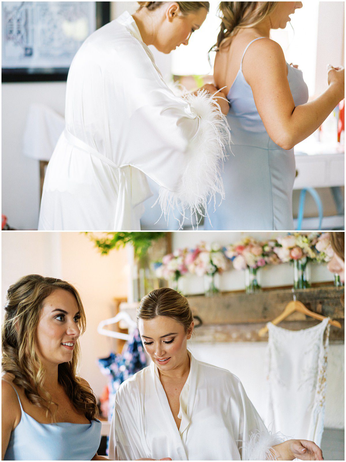 modern bride wearing white satin robe with feather sleeves