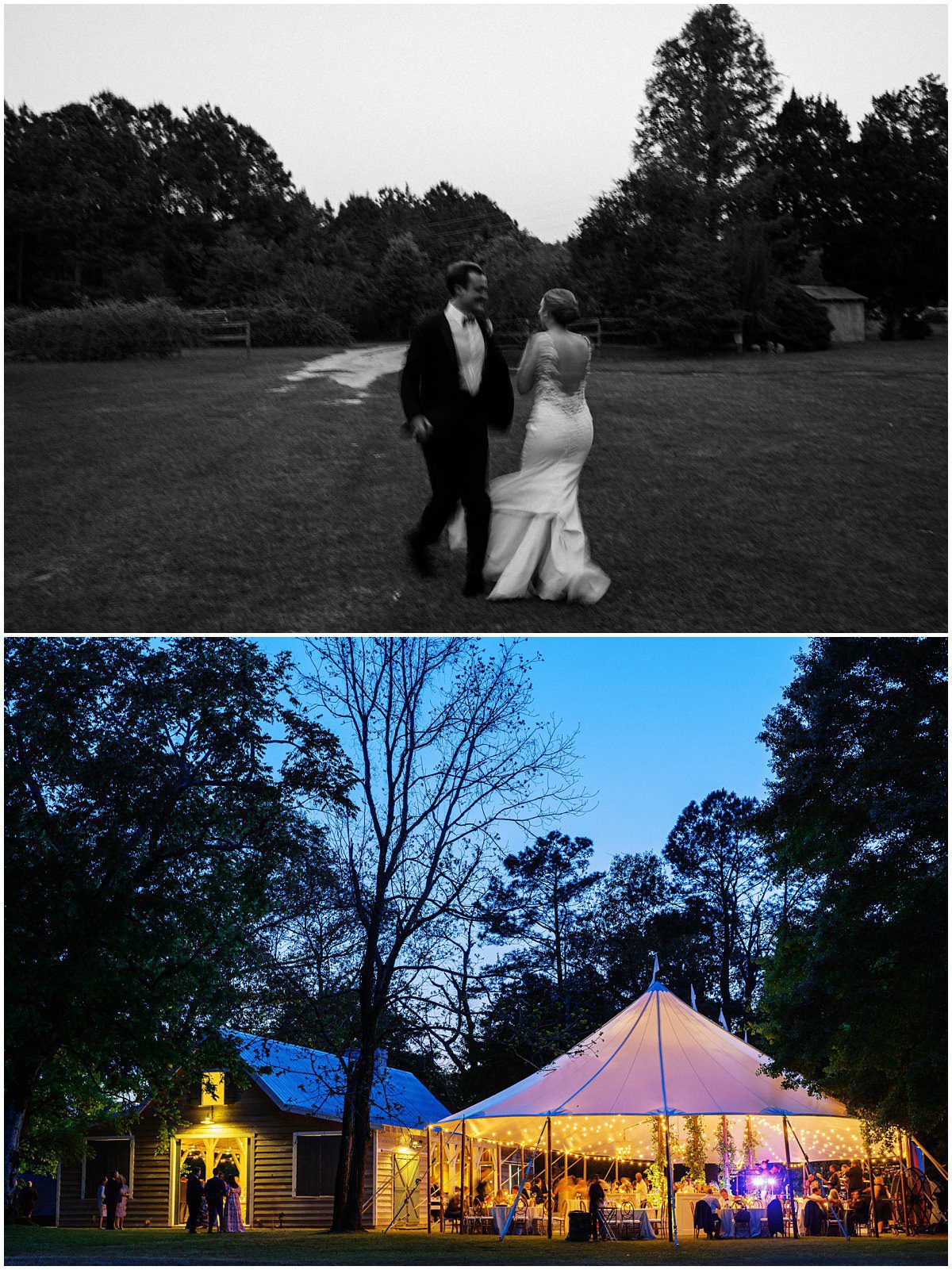 Nighttime shot of the sail cloth tent lit up at a Wavering Place wedding