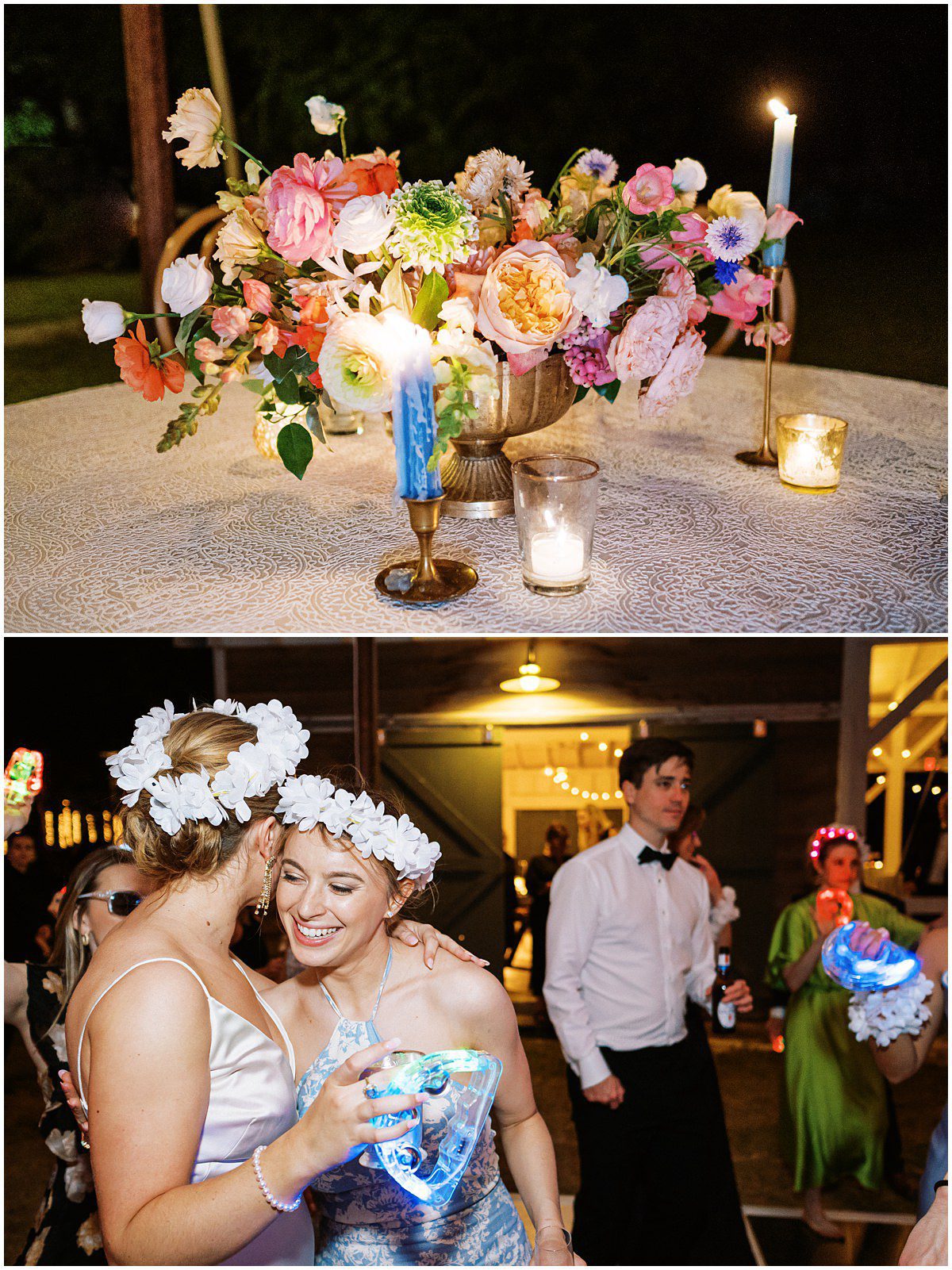 night time photo of melted tapered candles and colorful wedding flowers on a table at a wedding reception