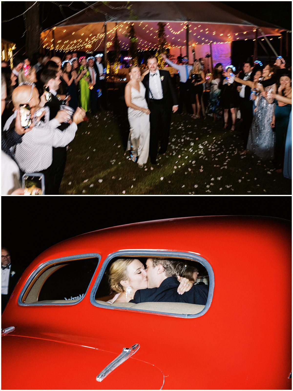 creative motion blur photo of bride and groom exiting their wedding to flower petals and kissing in the backseat of a red vintage car in Charleston SC