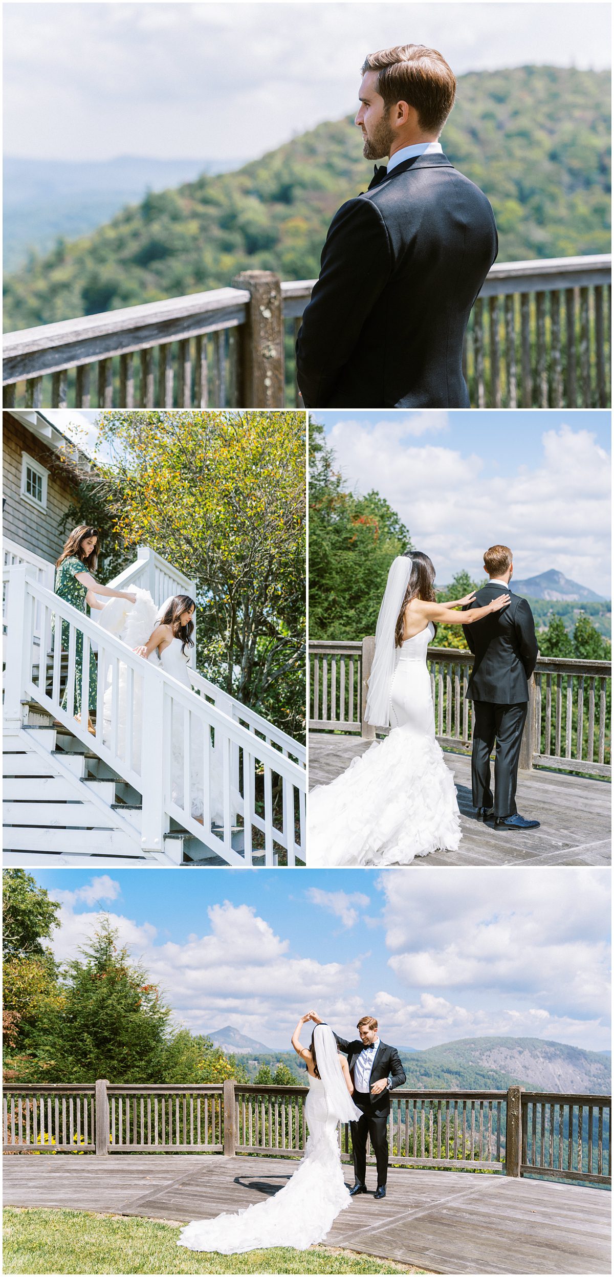 A breathtaking view of the Blue Ridge Mountains serves as a stunning backdrop for this romantic wedding first look at a private estate in Cashiers NC