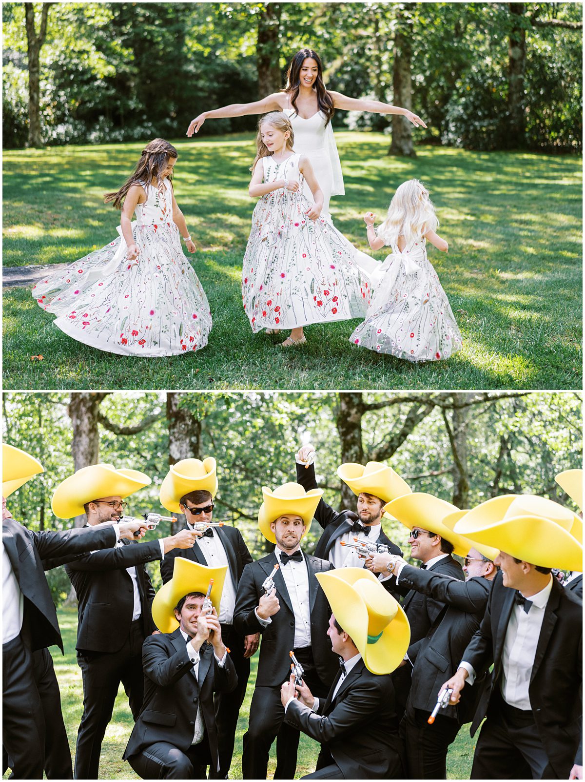 The groomsmen add a playful touch to group photos with bright yellow cowboy hats and pop guns for a fun photo with the groom