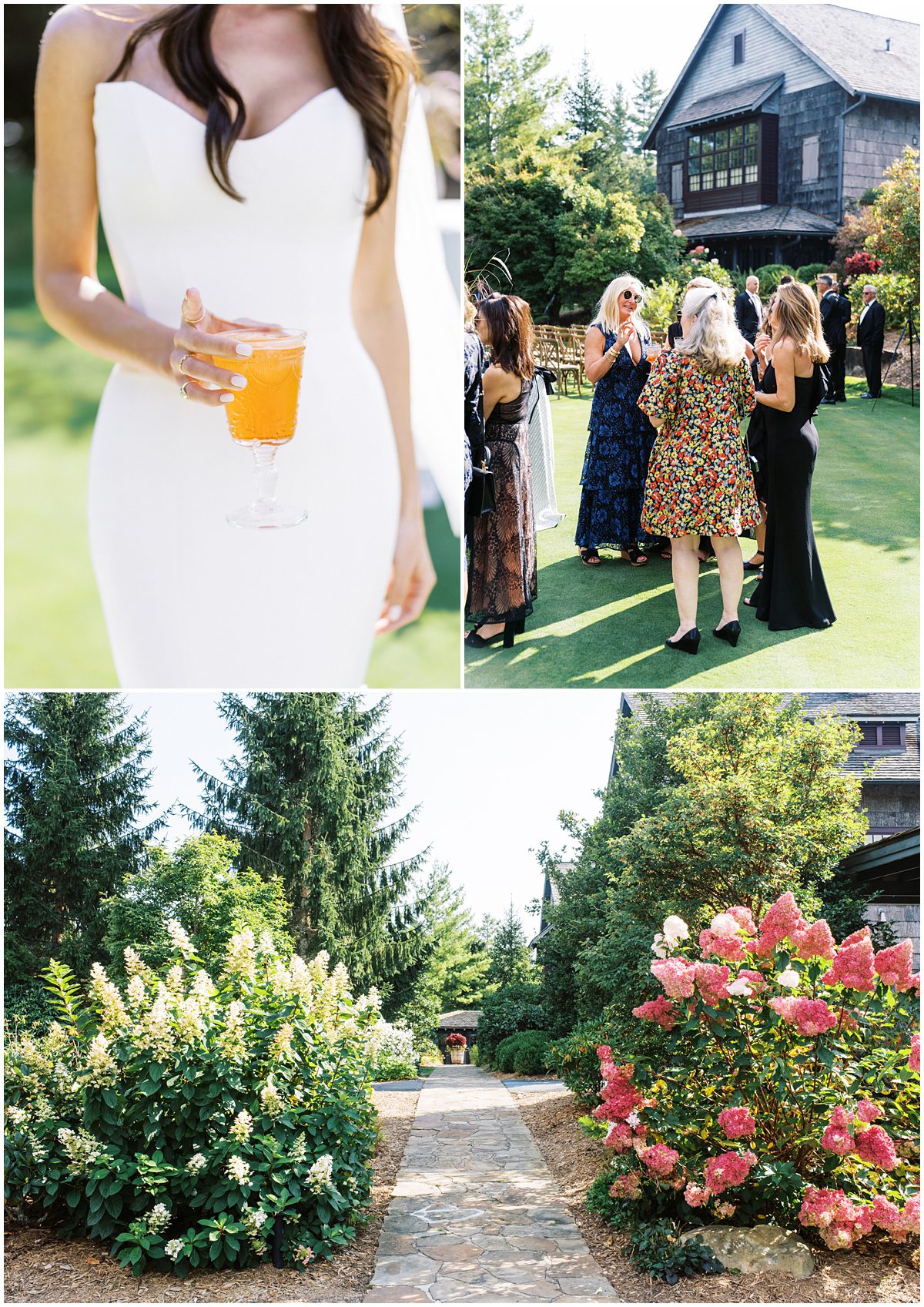 Guests socializing and enjoying signature drinks at Mountaintop Golf and Lake Club before the wedding ceremony