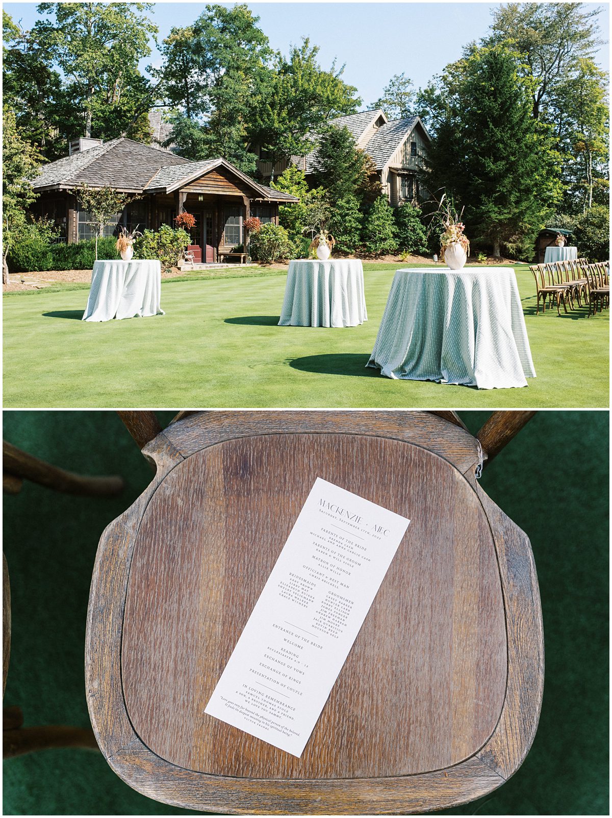 Wedding ceremony set up on the lawn of Mountaintop Golf and Lake Club with wooden chairs, tables, textured linens, and flowers in ceramic vases
