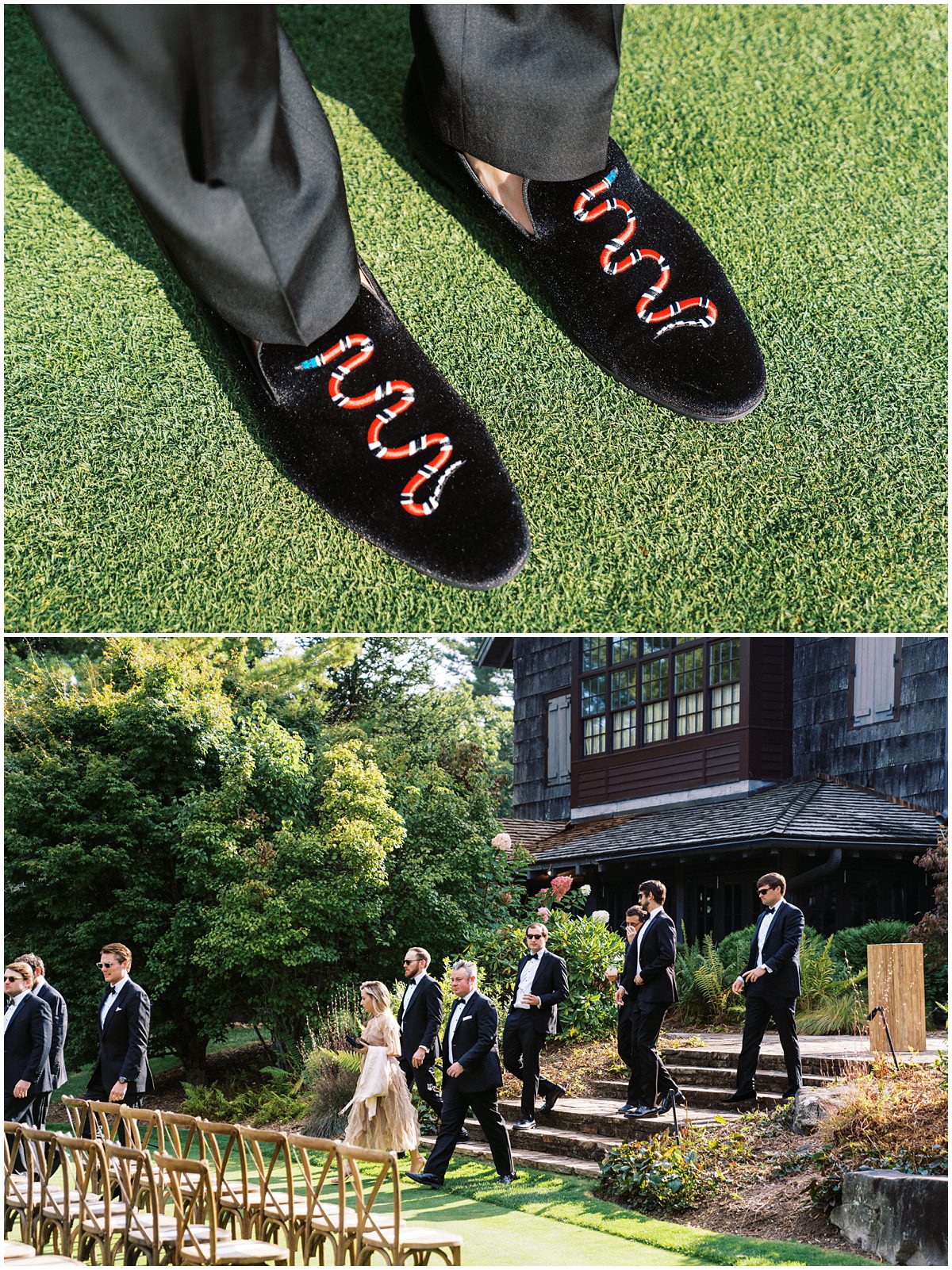 A male guest wearing velvet loafers with snakes on them at Mountaintop Golf and Lake Club wedding