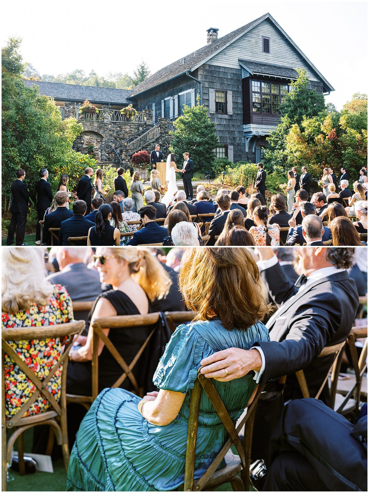 An overview of the ceremony at Mountaintop Golf and Lake Club wedding with all the guests seated and watching the couple