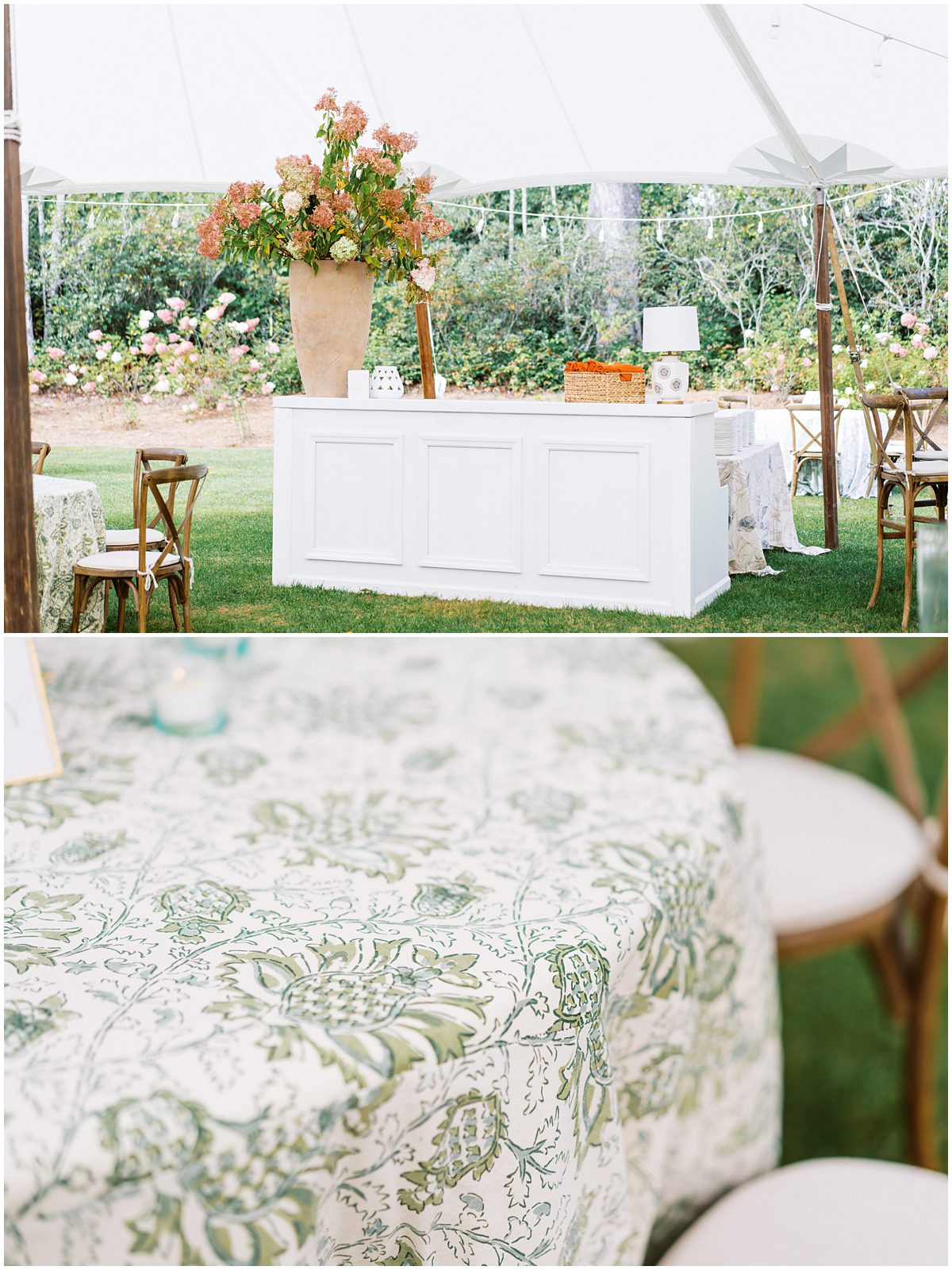 Tented wedding reception decor inspiration of a white bar with a giant ceramic vase filled with flowers and tables with luxurious patterned linens with green floral design