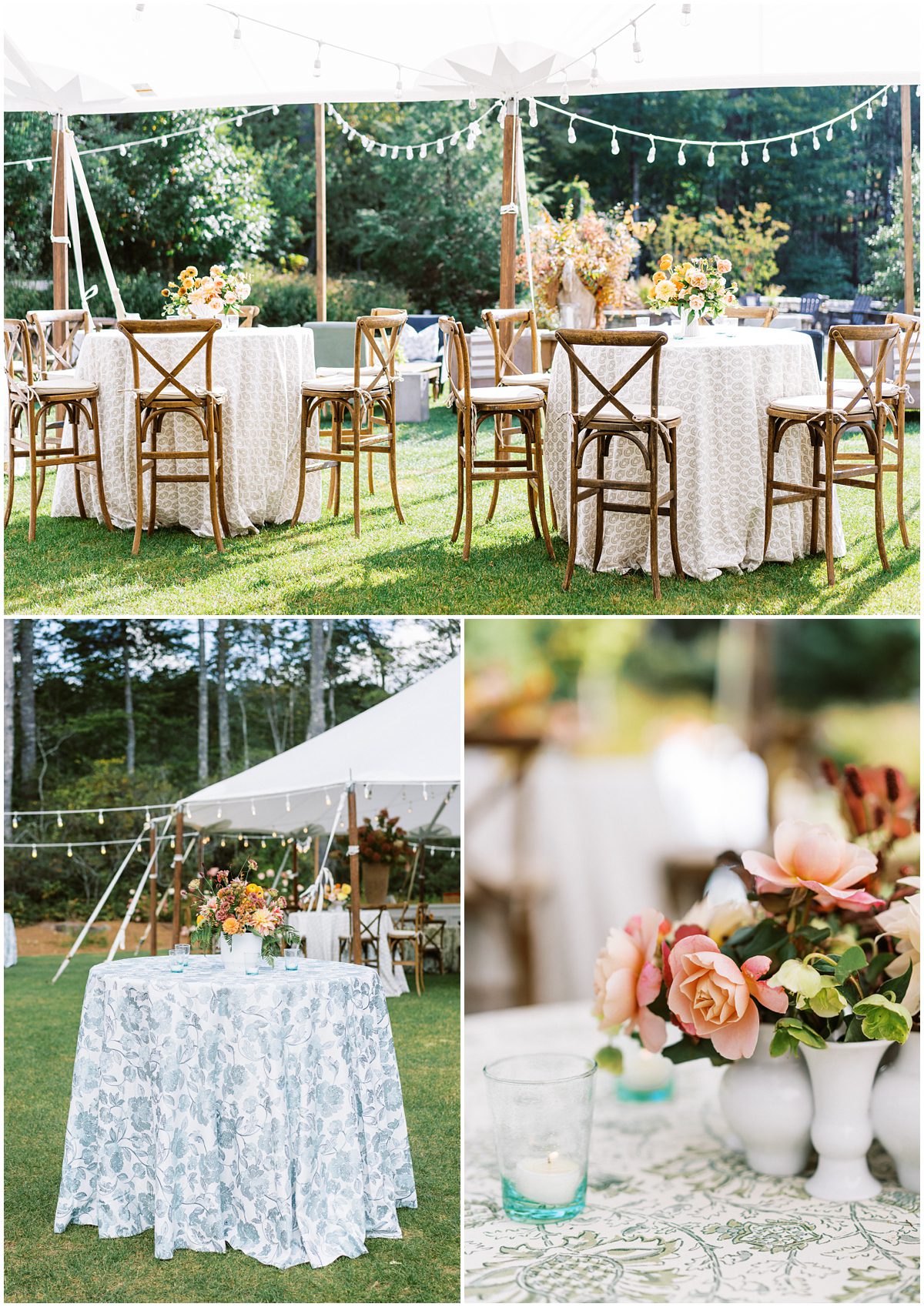 Luxurious tented wedding reception design for a fall wedding in the North Carolina mountains at a private estate