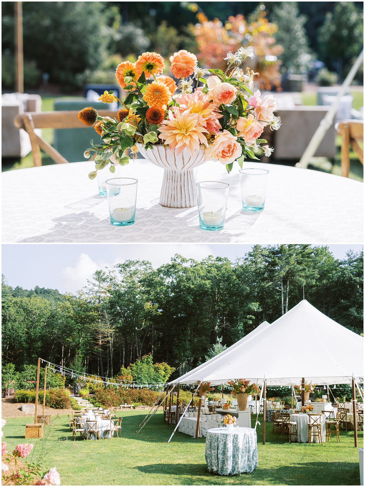 The lush greenery and pink and orange floral accents of the reception tent designed by Tailor and Table bring the outdoors in, creating a magical atmosphere