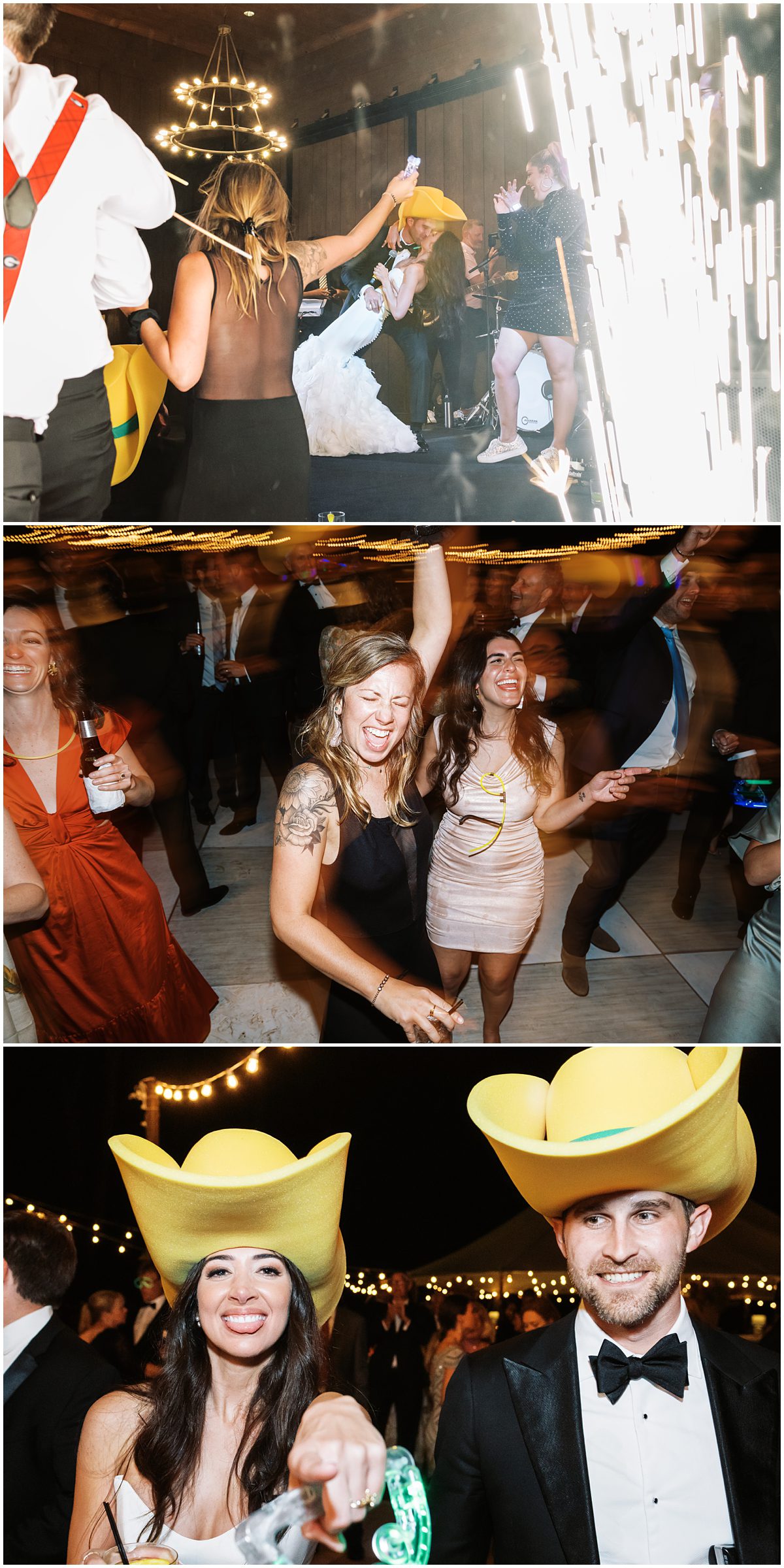 Fun-loving bride and groom don yellow cowboy hats while dancing at their wedding reception at Mountaintop Golf and Lake Club